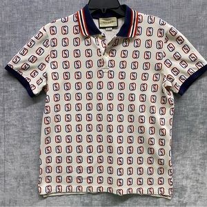 Gucci Shirt Men’s Medium White Blue Red Polo Shirt Short Sleeve GG Full Patttern